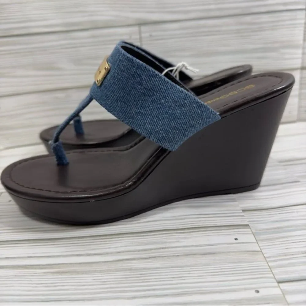 BCBGENERATION DOMINIQUE DENIM THONG WEDGE‎ SANDALS NWT 8 Y2K